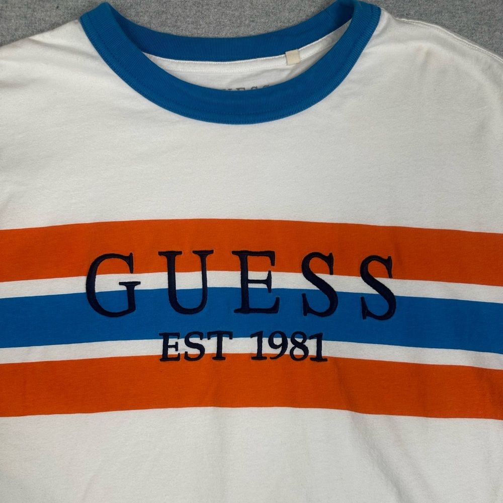 Guess Ringer T Shirt Mens Large Logo Retro 90s Y2K Blue Orange‎